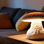 **Mushroom Lamp on a Side Table:** A cozy living room setting at dusk. A mushroom lamp sits on a wooden side table next to a comfortable sofa. The light from the lamp is warm and inviting, casting soft shadows. Add some houseplants to enhance the natural ambiance. Focus on the unique texture of the mycelium.