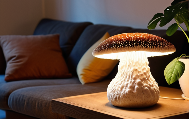 **Mushroom Lamp on a Side Table:** A cozy living room setting at dusk. A mushroom lamp sits on a wooden side table next to a comfortable sofa. The light from the lamp is warm and inviting, casting soft shadows. Add some houseplants to enhance the natural ambiance. Focus on the unique texture of the mycelium.