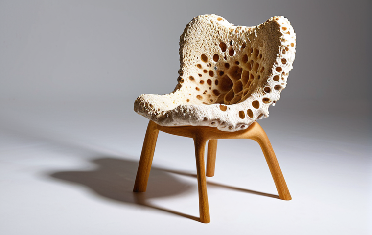 **
Prompt: *Modern furniture design, chair made from mycelium, unique organic shape, sustainable material, bright studio lighting, showcasing innovation.*
**