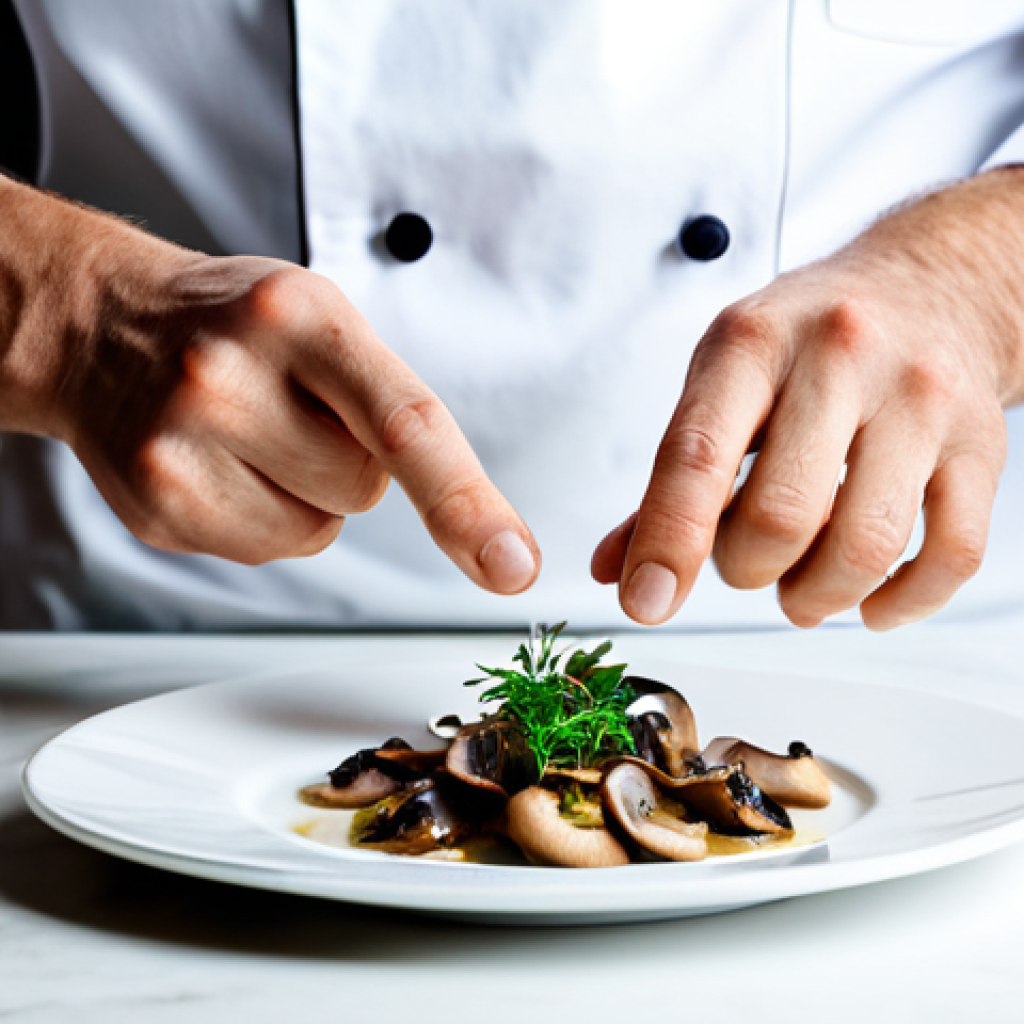 A professional chef, fully clothed in a clean, modest chef's uniform, artfully plating a gourmet dish featuring various mushrooms like sautéed King Oyster mushrooms, roasted Shiitake, and delicate Porcini, in a brightly lit, modern restaurant kitchen. The dish is visually stunning, emphasizing the rich textures and vibrant colors of the mushrooms. The chef is focused, demonstrating expertise with a natural pose, perfect anatomy, well-formed hands, correct proportions, and a proper finger count. Professional photography, high resolution, soft ambient lighting, safe for work, appropriate content, professional, family-friendly, natural body proportions.