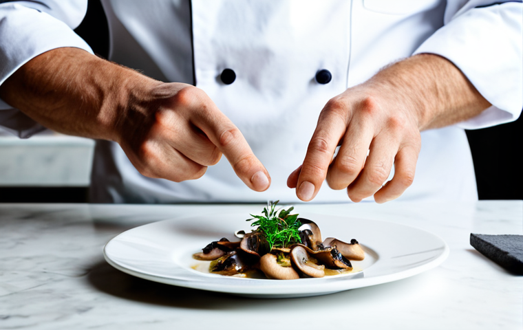 A professional chef, fully clothed in a clean, modest chef's uniform, artfully plating a gourmet dish featuring various mushrooms like sautéed King Oyster mushrooms, roasted Shiitake, and delicate Porcini, in a brightly lit, modern restaurant kitchen. The dish is visually stunning, emphasizing the rich textures and vibrant colors of the mushrooms. The chef is focused, demonstrating expertise with a natural pose, perfect anatomy, well-formed hands, correct proportions, and a proper finger count. Professional photography, high resolution, soft ambient lighting, safe for work, appropriate content, professional, family-friendly, natural body proportions.