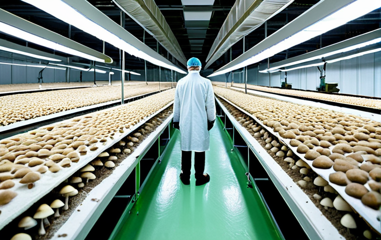 Industrial Mushroom Farm**

A large industrial mushroom farm, showing rows of cultivated mushrooms growing in a controlled environment. Substrate preparation area with workers in lab coats. Automated climate control systems visible. Fully clothed personnel. Appropriate attire. Safe for work. Perfect anatomy. Natural proportions. Professional photography. High quality.

**