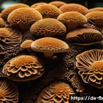 버섯 소재의 내구성 분석 - A detailed close-up of Ganoderma lucidum mushroom material showing dense hyphal networks with intric...