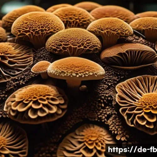 버섯 소재의 내구성 분석 - A detailed close-up of Ganoderma lucidum mushroom material showing dense hyphal networks with intric...