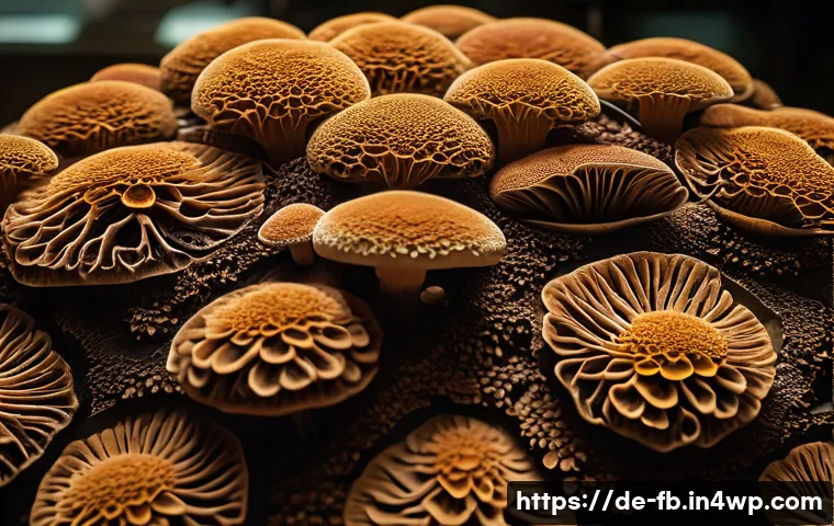 버섯 소재의 내구성 분석 - A detailed close-up of Ganoderma lucidum mushroom material showing dense hyphal networks with intric...