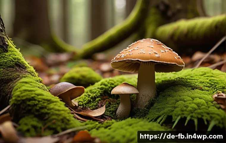 버섯 소재의 색상 선택과 디자인 - A serene forest floor scene featuring a variety of mushrooms in soft earth tones&mdash;warm browns, beiges...