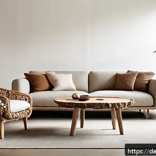 Home 31 버섯 소재의 기능성과 디자인 - A modern living room interior featuring lightweight, eco-friendly mushroom mycelium furniture with n...