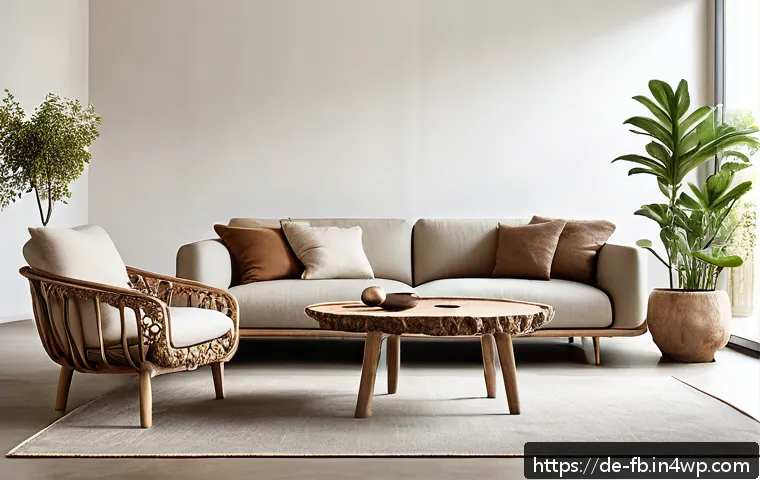 버섯 소재의 기능성과 디자인 - A modern living room interior featuring lightweight, eco-friendly mushroom mycelium furniture with n...