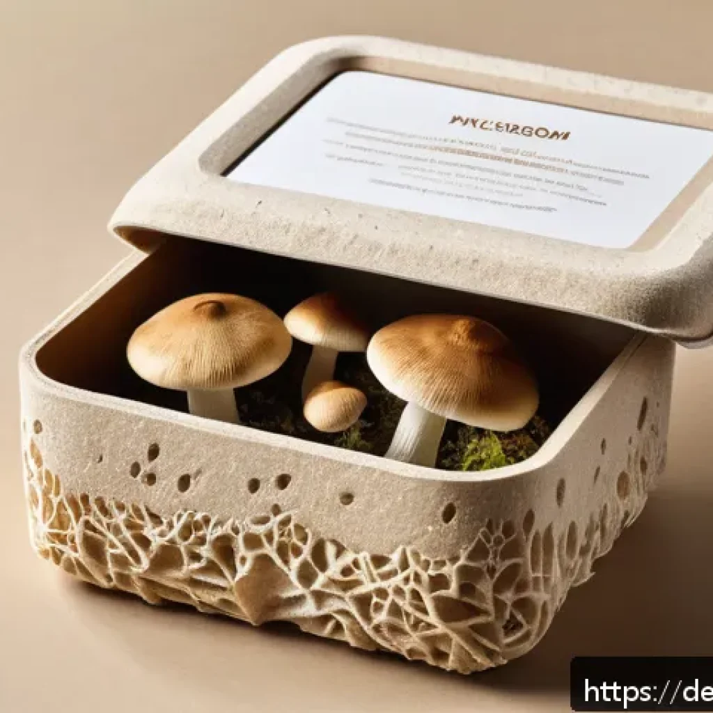 버섯 기반 소재의 환경적 이점 - A close-up, hyper-realistic image of eco-friendly packaging made entirely from mushroom mycelium, sh...