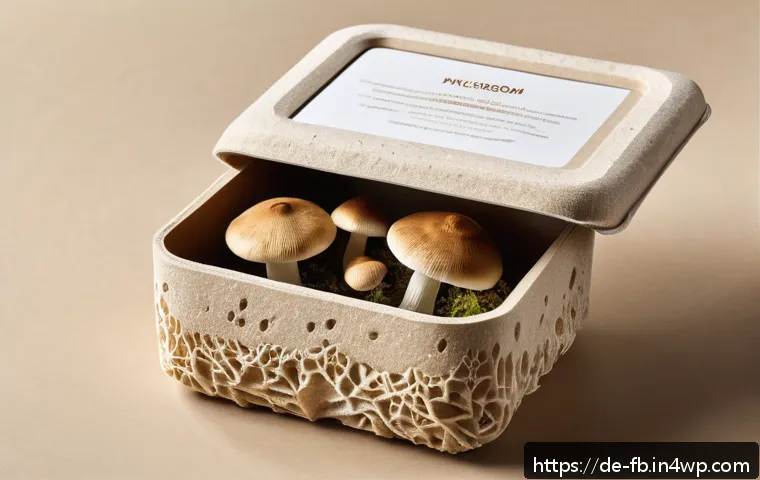 버섯 기반 소재의 환경적 이점 - A close-up, hyper-realistic image of eco-friendly packaging made entirely from mushroom mycelium, sh...