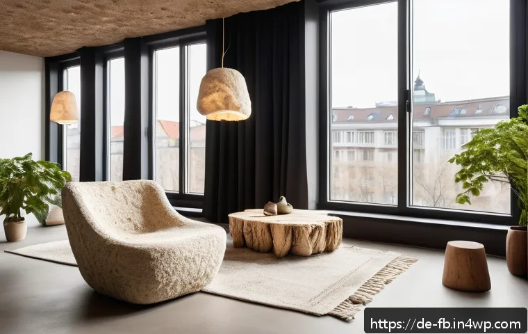 버섯 기반 소재의 소비 시장 - A modern eco-friendly living room interior in a stylish Berlin apartment showcasing sustainable furn...